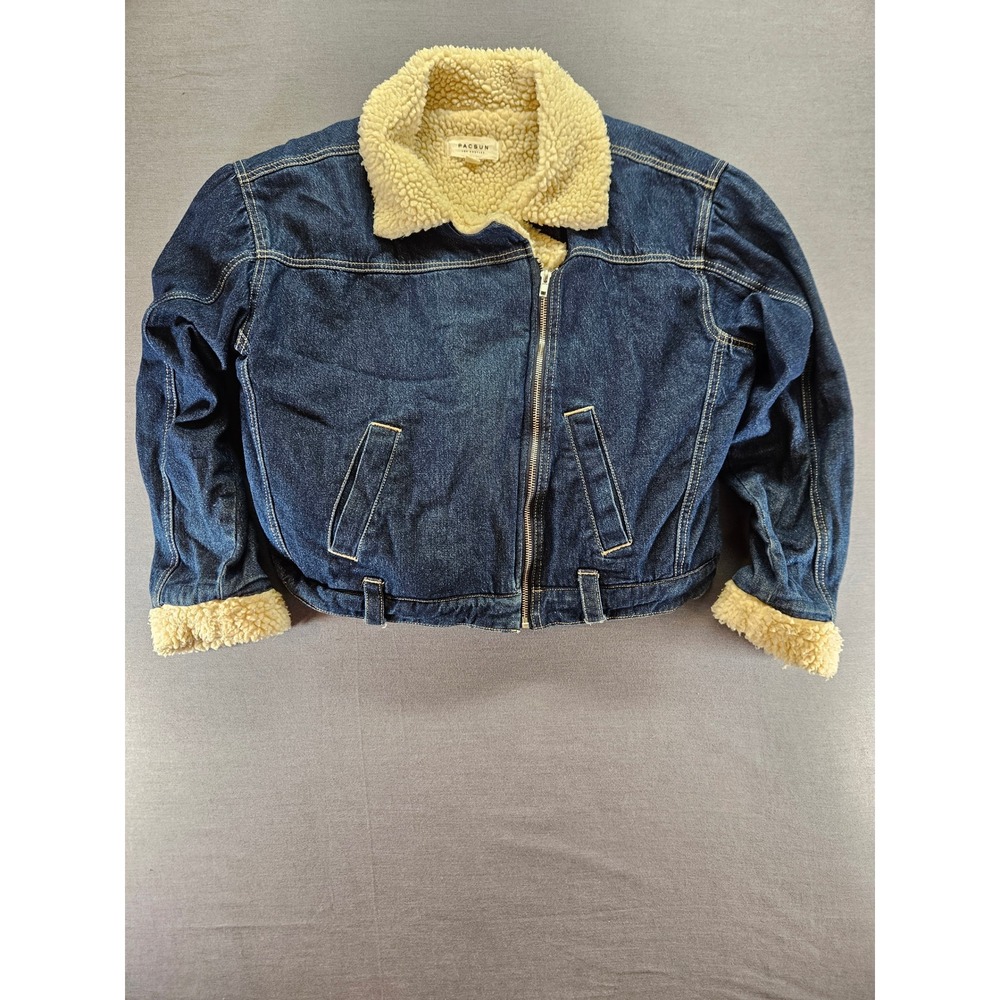 PacSun Womens Denim Sherpa Lined Jacket Dark Wash Zip Up Faux Shearling Blue M/L